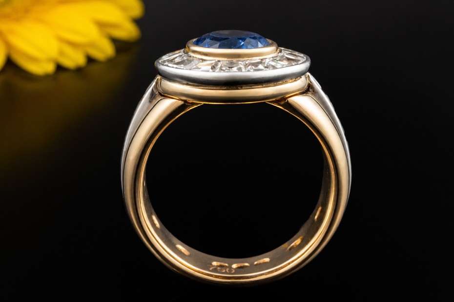 Prunkvoller Ring mit Saphir und Diamanten Massive 750er Gold Handarbeit 
