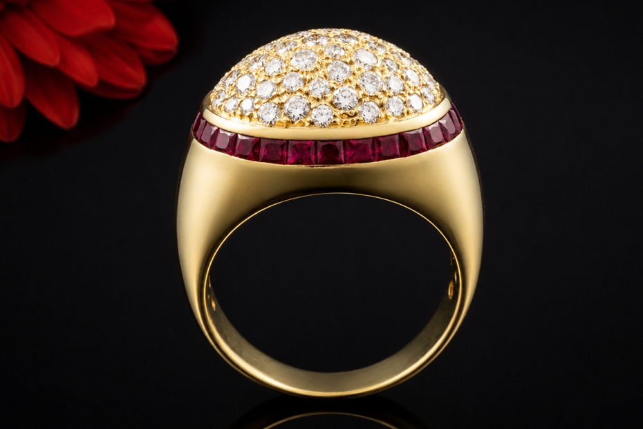 Ovaler Pavé Diamant Ring mit Rubinbesatz Gelbgold 750 Goldschmiedearbeit 