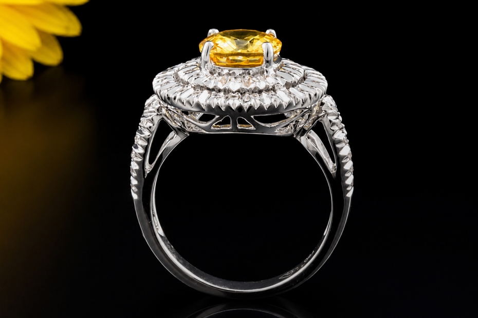 Cocktailring Gelber Saphir mit Diamanten Ring in Weißgold 750 Handarbeit 