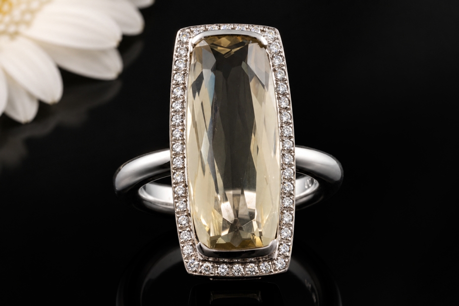 Ring Langer facettierter Citrin mit Diamanten in Weißgold 750 Handarbeit 