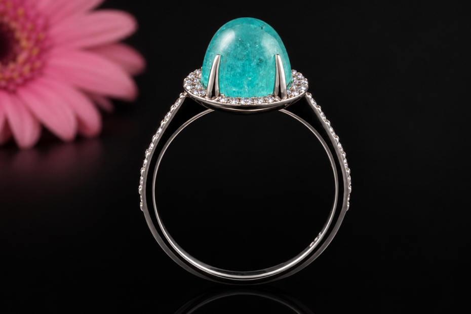Ring mit Paraiba Turmalin Cabochon 5 Ct. und Diamanten in 750er Weißgold 