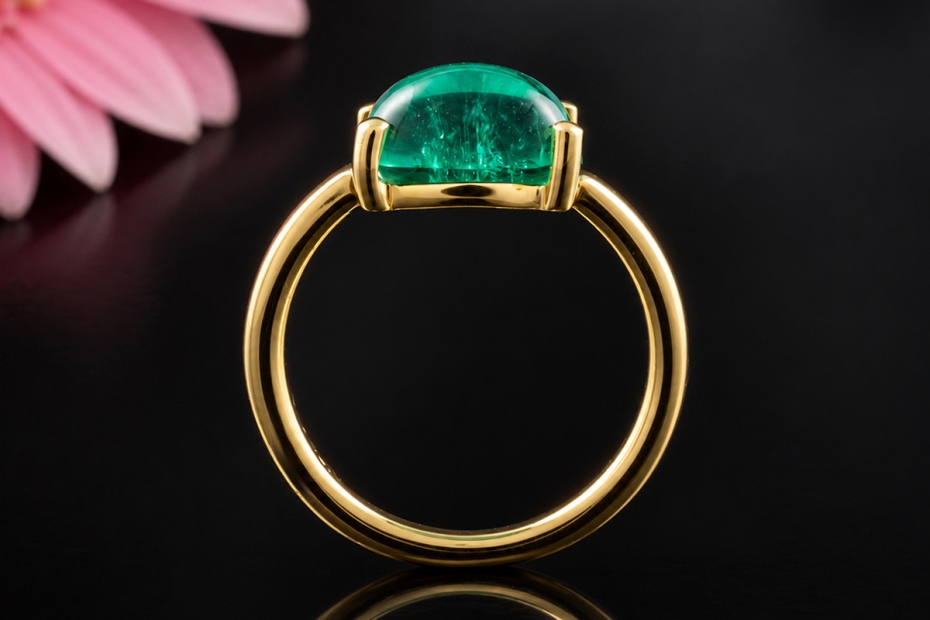 Smaragd Cabochon Ring Klassische Handarbeit modern in 750er Gelbgold 
