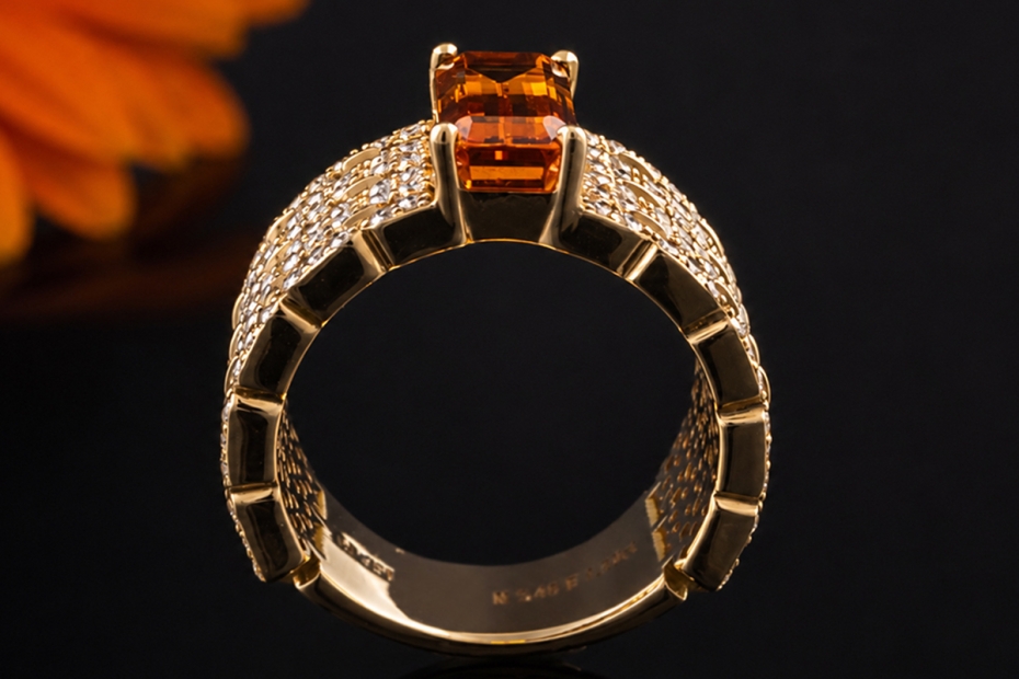 Hollfelder Creations Ring Mandarin Granat und Diamanten in Gelbgold 750 