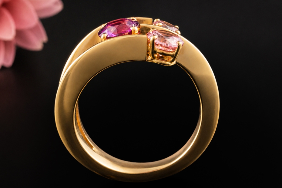 Designer Ring mit 3 violett und rosafarbenen Granaten in 750er Gelbgold 
