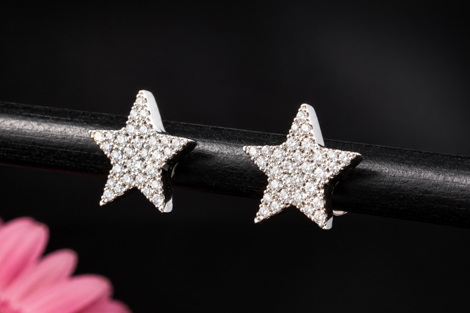 Hollfelder Ohrringe Stern Ohrstecker mit Diamant-Pavé in 750er Weißgold 