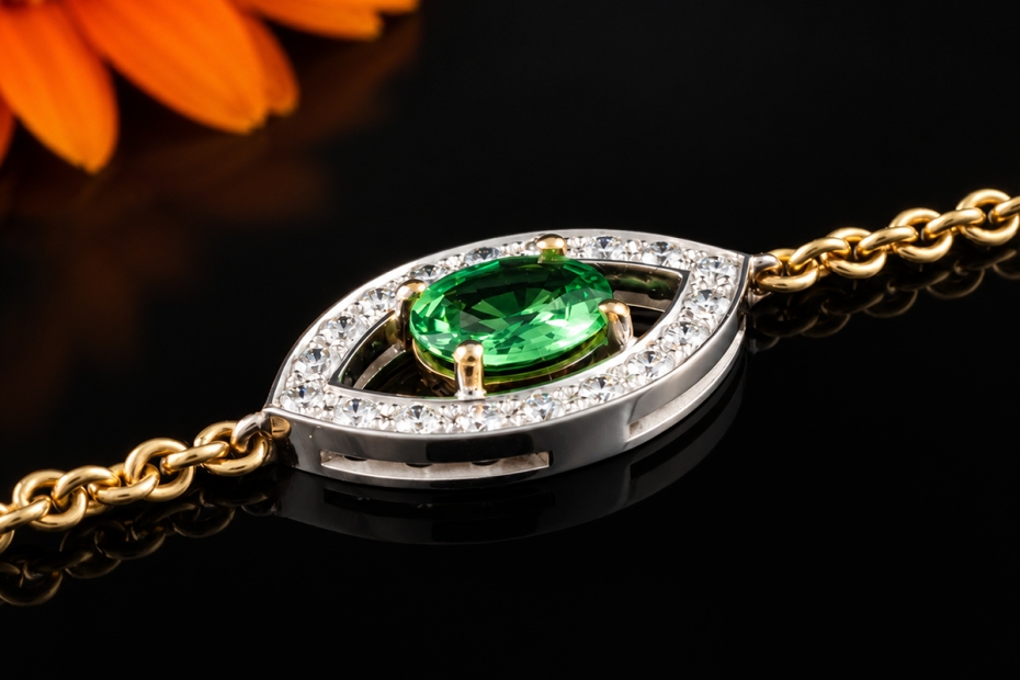Hollfelder Armband Schutzauge Großer Tsavorit und Diamanten in Gold 750 