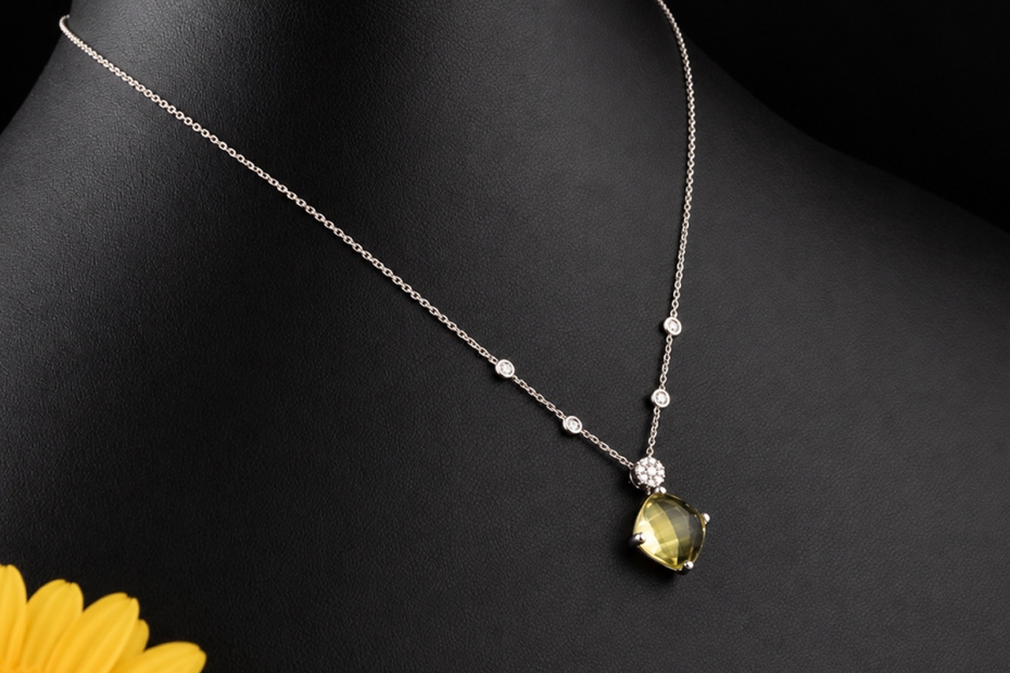 Gress-Rinck Collier Lemon-Citrin und Diamanten 750er Weißgold Handarbeit 