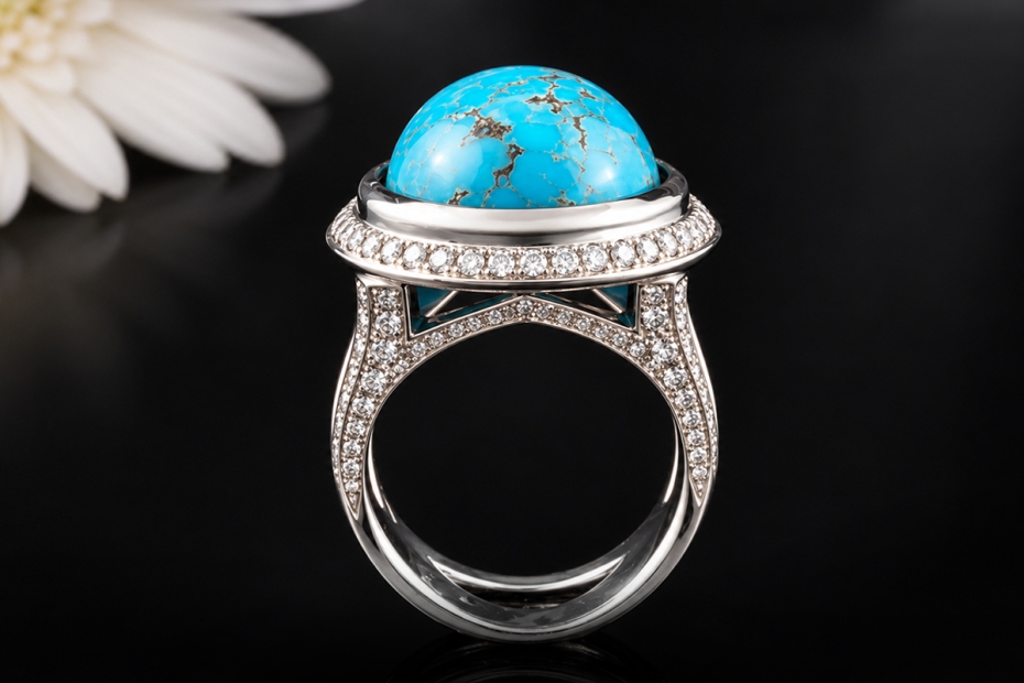 Massiver Ring Türkis mit Diamanten Goldschmiedearbeit in 750er Weißgold 