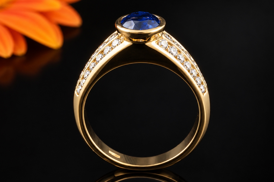 Ovaler Saphir Ring mit Diamanten in 750er Gelbgold Goldschmiedearbeit 