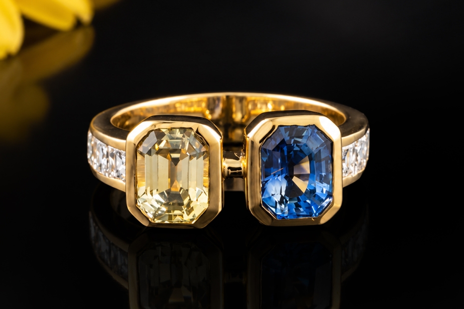Toi et Moi Ring 2 Saphire Blau und Gelb mit Diamanten in 750er Gelbgold 