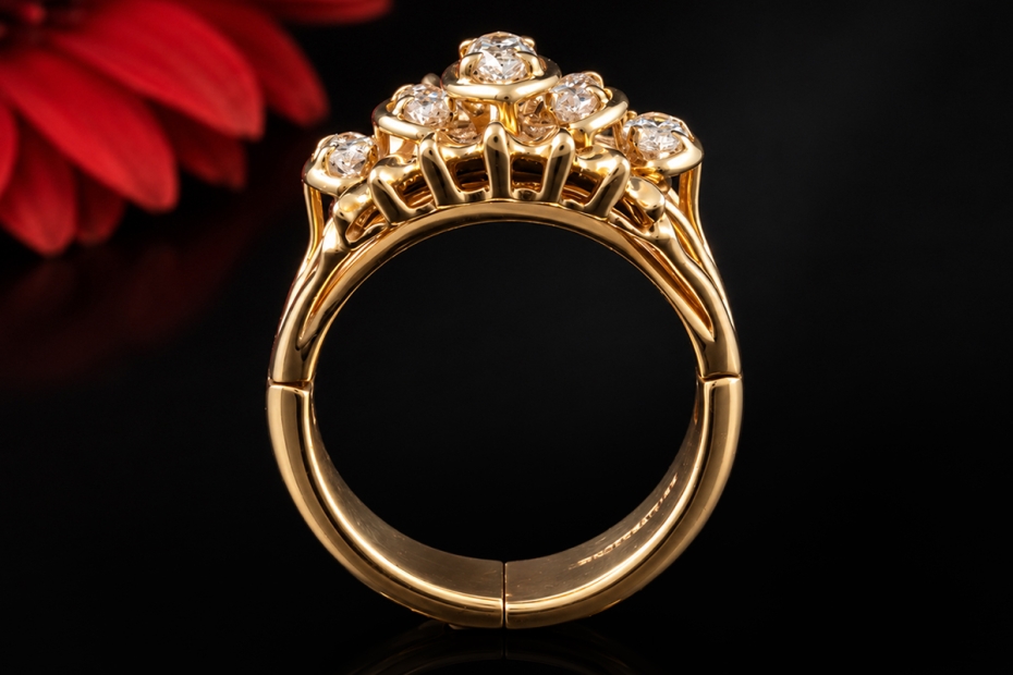 Vintage Ring 5 Navette-Diamanten & Finger-Mate-Mechanismus in 585er Gold 