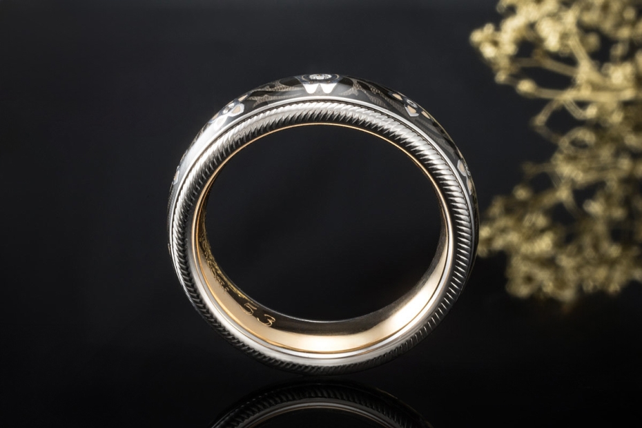 Wellendorff Ring Drehring Blütenengel Schwarz mit Diamanten Weißgold 750 