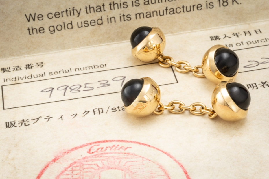 Cartier Manschettenknöpfe mit Onyx Kugeln Schwarz Gelbgold 750 Full Set 
