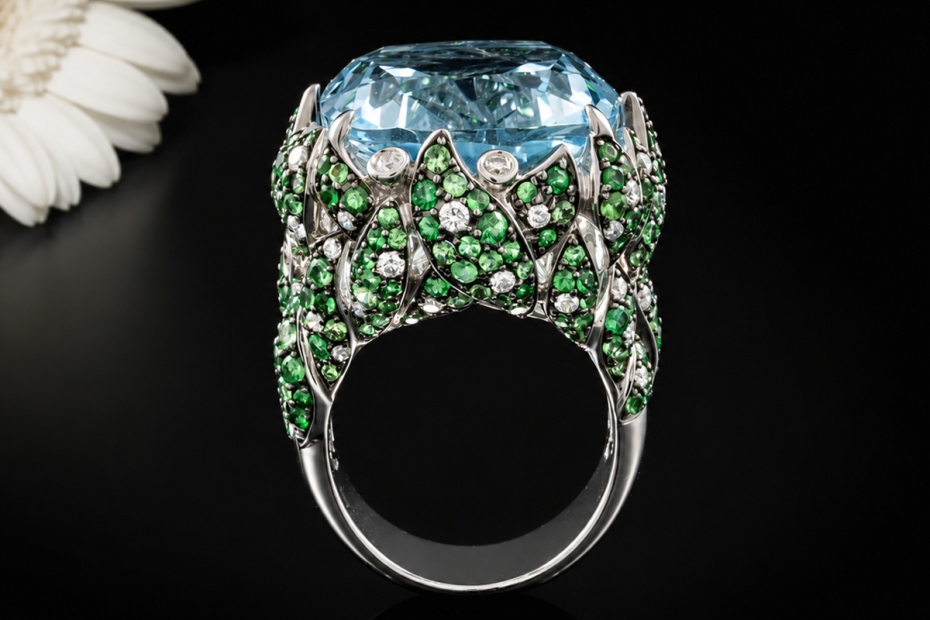 Cocktailring Blätterkranz Blauer Topas Tsavorit Diamanten 750er Weißgold 