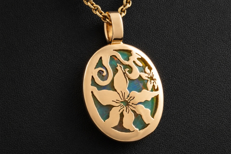 Großer ovaler Anhänger Leuchtender Opal Roségold 750 Goldschmiedearbeit 