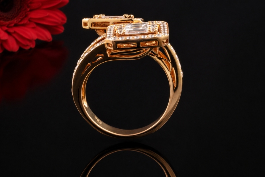 Double Baguette Ring eckig mit Diamanten und Brillanten in Roségold 750 