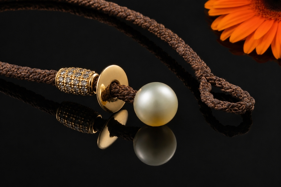 Gellner Stoff Armband mit Südseezuchtperle und Diamanten an Gelbgold 750 