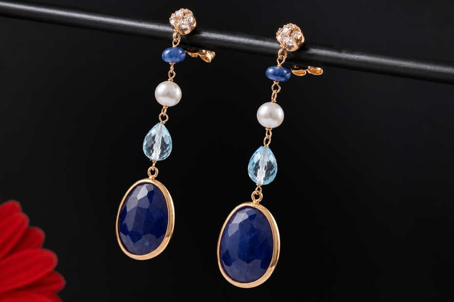 Lange Zoccai Ohrringe Ohrhänger Blau Aquamarin Perle Diamant in Roségold 