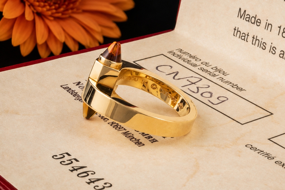 Cartier Menotte Ring mit Citrin Gelbgold 750 Full Set Neuwertige Rarität 