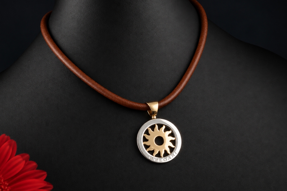 BVLGARI Tondo Sun Collier Kette Leder Braun Anhänger Sonne in 750er Gold 