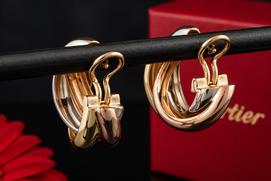 Trinity de Cartier Creolen Ohrringe Große Ausführung 750er Gold Full Set 
