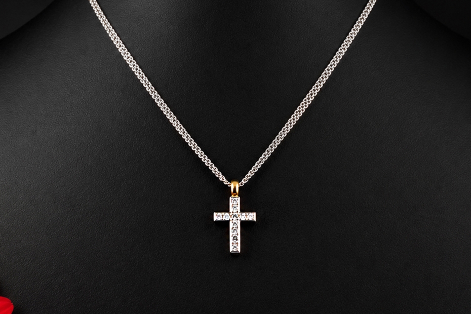 Hans Dieter Krieger Wende-Kreuz Collier Rubine & Diamanten in 750er Gold 