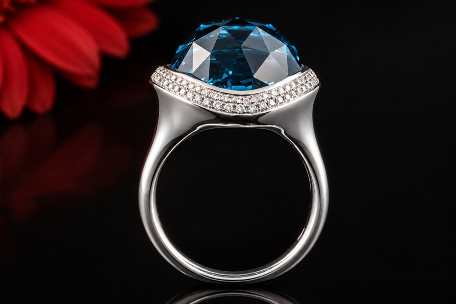 Hollfelder Exklusiver Blautopas Ring mit 104 Brillanten in Weißgold 750 