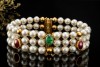 Vintage Perlenarmband Armreif Smaragd Rubin Saphir Cabochon Gelbgold 750 