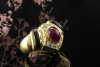 Rubin Cabochon Ring Spitz zulaufend mit Onyx und Diamanten Gelbgold 750 