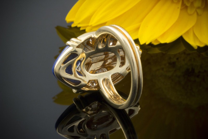 Gübelin Ring mit Saphir Brillanten und blauer Emaille in 750er Gelbgold 