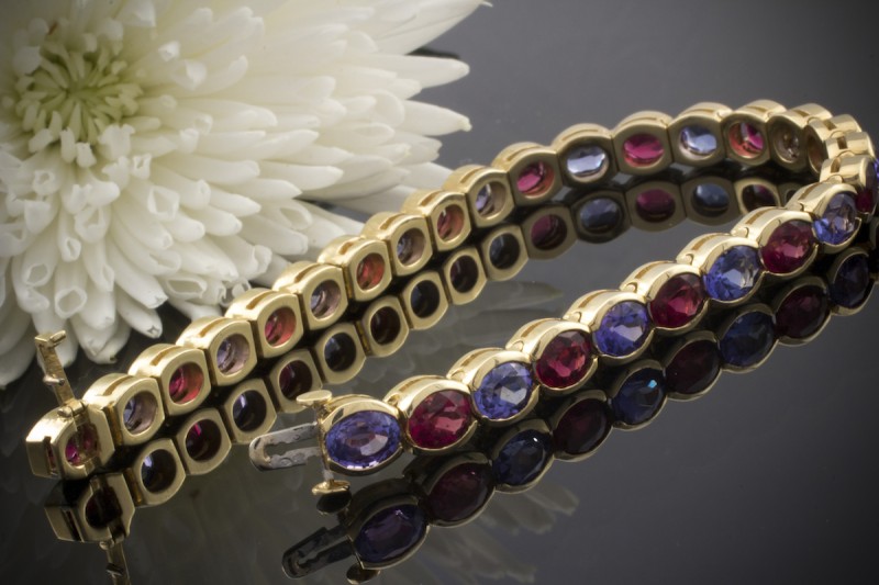 Tansanit Rubellit Armband Massive Goldschmiedearbeit in 750er Gelbgold 
