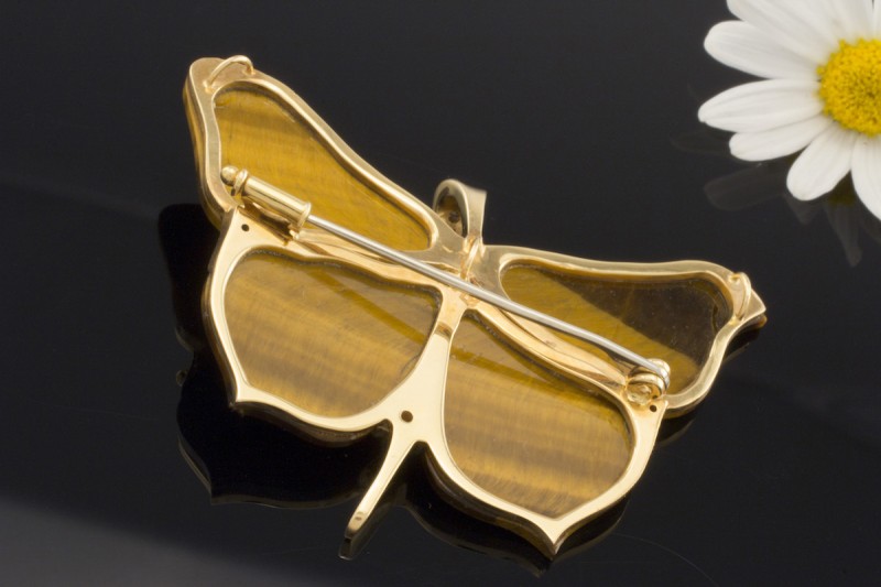 Schmetterling mit Tigerauge und Brillanten Brosche Nadel in Gelbgold 750 