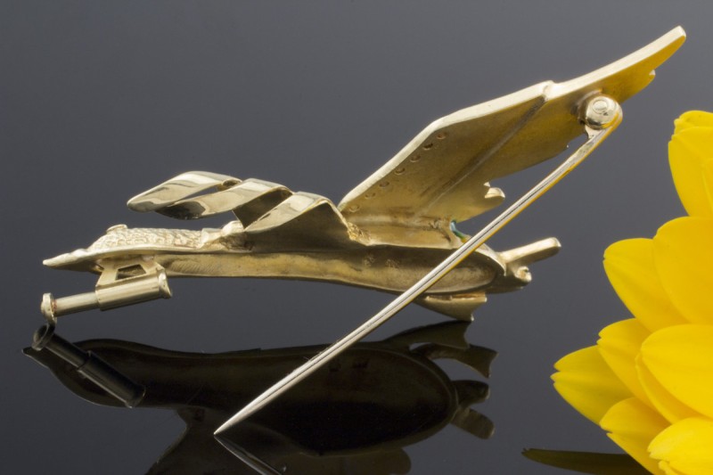 Brosche Große Flugente mit Emaille grün & Brillanten in Gelbgold 585 