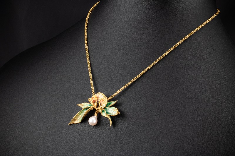 Ehinger Schwarz Collier Broschen 2 Anhänger Ohrringe Perle Emaille Gold 