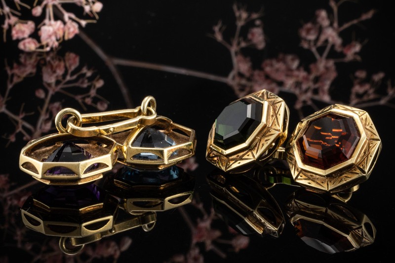 Vintage Manschettenknöpfe Farbedelsteine beidseitig in Gelbgold Arbeit 