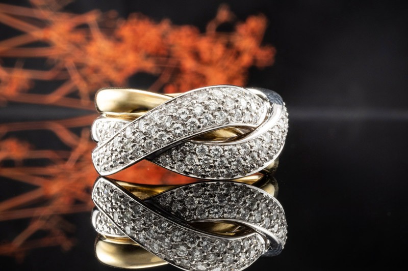 Dreireihiger Bicolor Ring mit feurigen Diamanten 750er Gelbgold Weißgold 