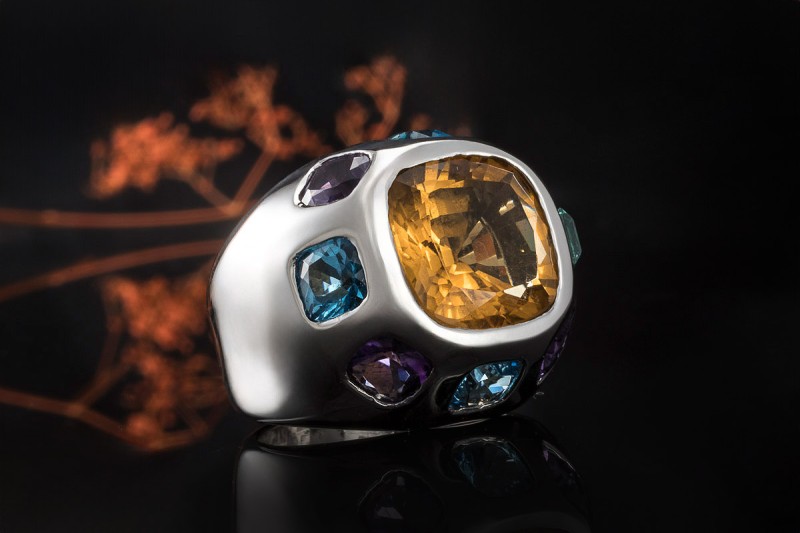 Imposanter Ring Citrin Amethyst Topas in massiver 750er Weißgold Arbeit 