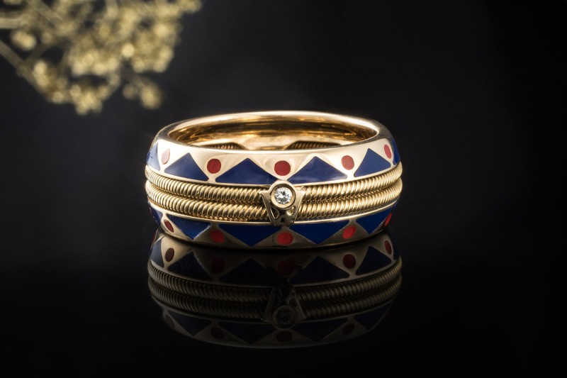 Wellendorff Ring Bordure mit Diamant Emaille Blau Rot 750er Gelbgold 60 