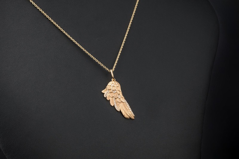 SÉVIGNÉ Flügel Anhänger mit Diamant Federn 37 mm lang in 750er Roségold 