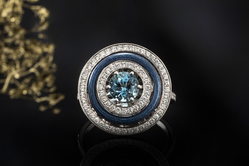 Victor Mayer Ring Aquamarin Emaille Blau Diamanten in Weißgold Limitiert 