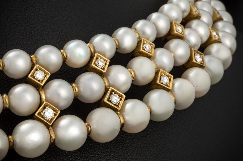 Kropfband Choker Akoya Perlen Diamanten Halsband in Gelbgold 750 Arbeit 