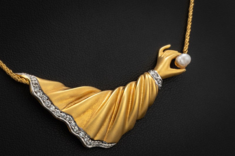 Collier Goldene Hand mit Perle und Diamanten Kette mit Anhänger Gelbgold 