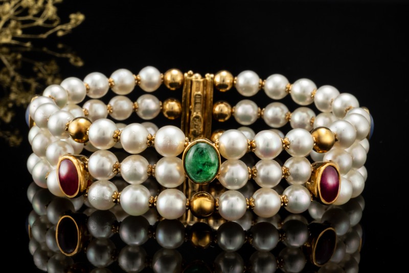 Vintage Perlenarmband Armreif Smaragd Rubin Saphir Cabochon Gelbgold 750 