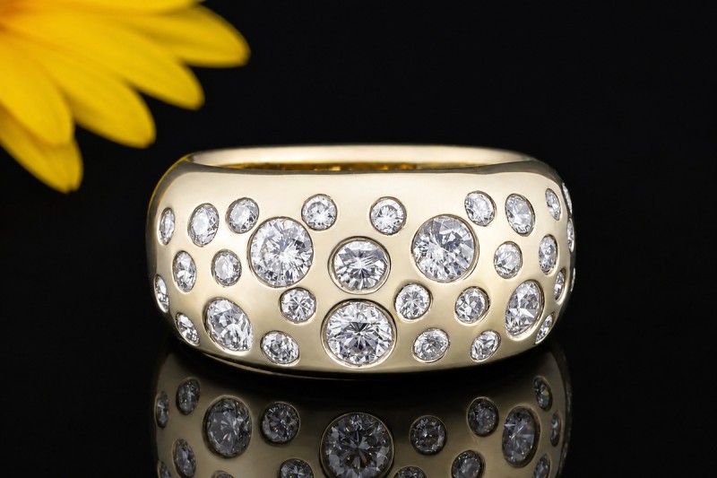 Sternenhimmel Ring mit feurigen Diamanten Handarbeit in 585er Gelbgold 