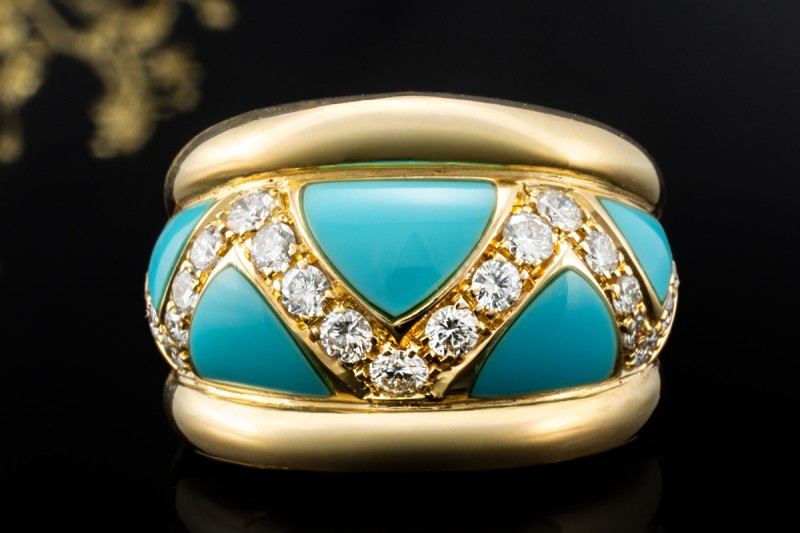 Cocktailring Ring mit Türkis dreieckig mit Diamanten in 750er Gelbgold 