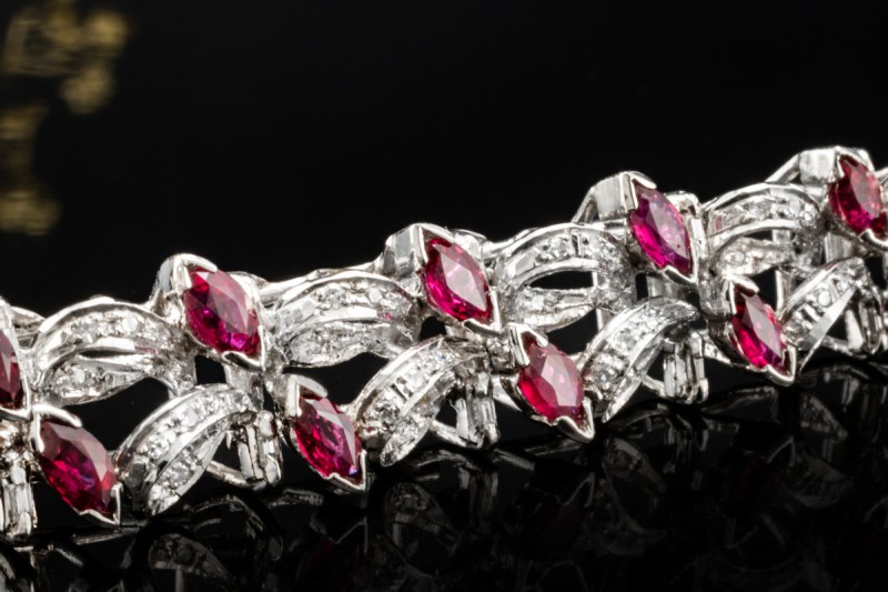 Vintage Armband Marquise Rubine und Altschliff Diamanten in Weißgold 750 