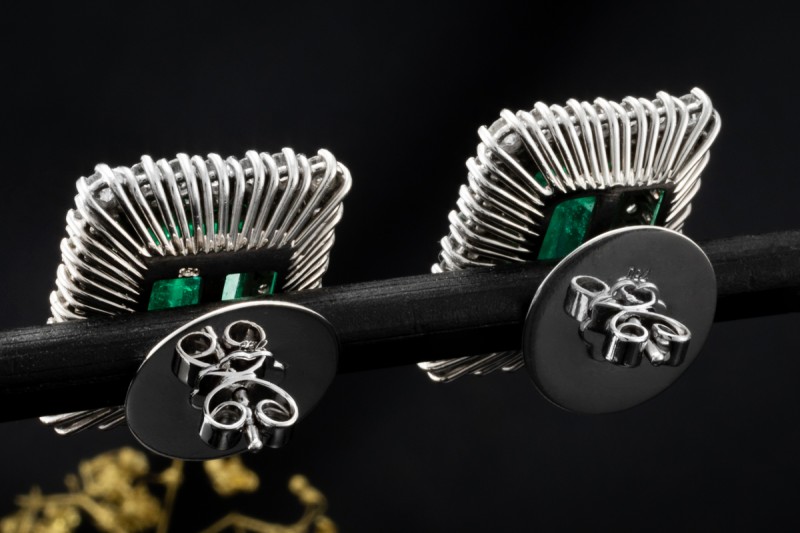 Große Smaragd Ohrringe rechteckig mit Diamanten Weißgold 750 Handarbeit 