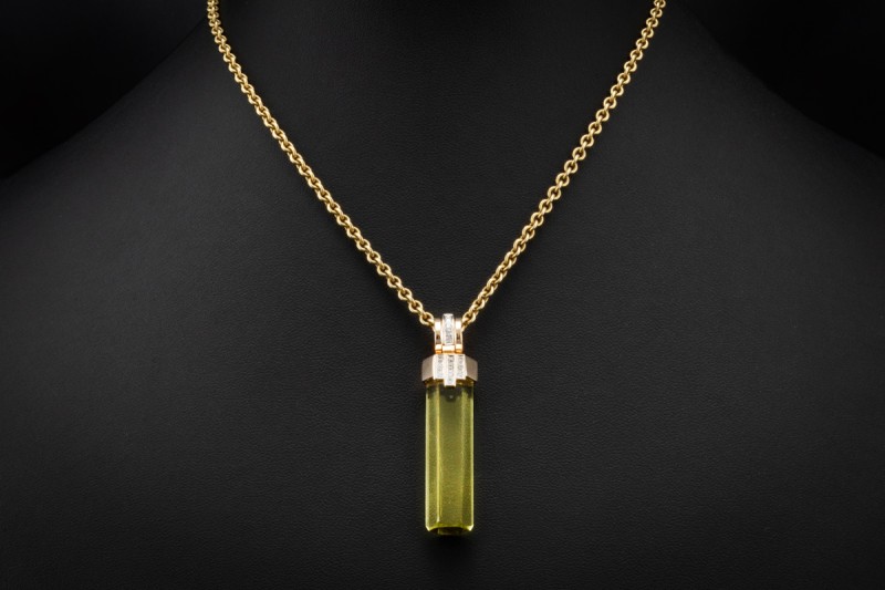 Langer Anhänger Hexagonaler Heliodor und Diamanten in Roségold Arbeit 