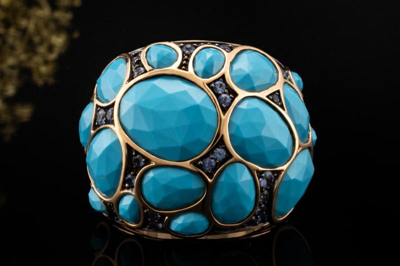 MIMÍ Milano Cocktail Ring Türkis und blauer Amethyst in 750er Roségold 