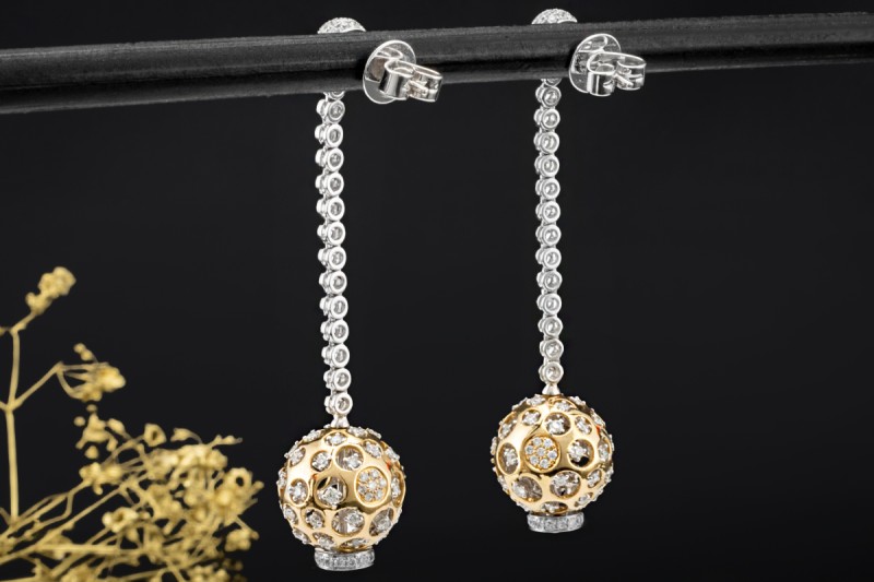 Ohrhänger Ohrstecker Kugeln beweglich mit Diamanten Gold Bicolor 750 